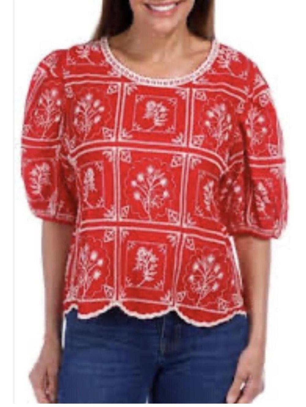 Boutique Vibrant Red Top with White Embroidery Size XL